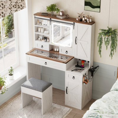 Farmhouse Vanity Desk With Sliding Mirror And Lights, Vanity Set With Glass Top And Charging Station ,Dressing Table With 4 Drawers And 2 Cabinets, Dressing Table With Stool For Bedroom, White