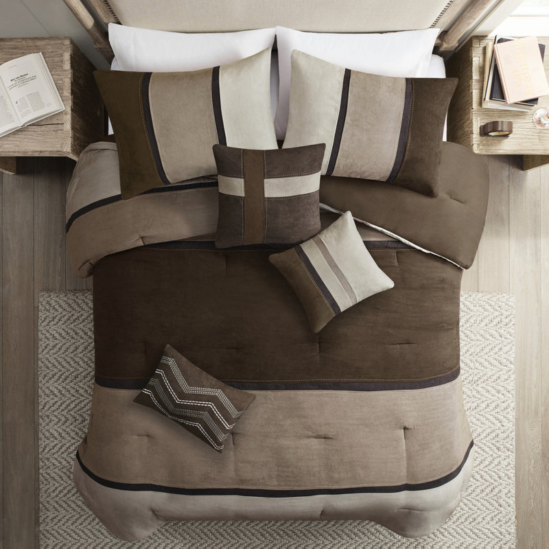 Couette 7 pièces marron - Simili daim taille King, style moderne et tendance, revers uni