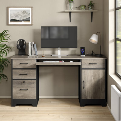 59” Industrial Executive Desk With Outlet,computer Desk Office Desk With Keyboard Tray And Locked Drawer&large Storage Cabinet For Home Office