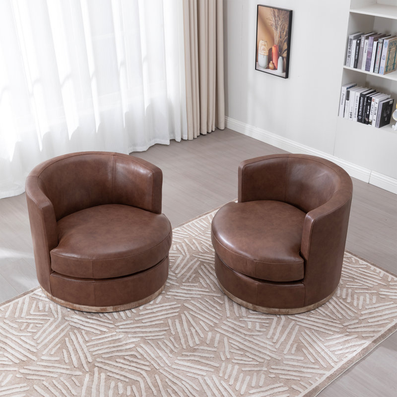 Genuine Leather Barrel Chair(Set Of 2), Yellow Brown