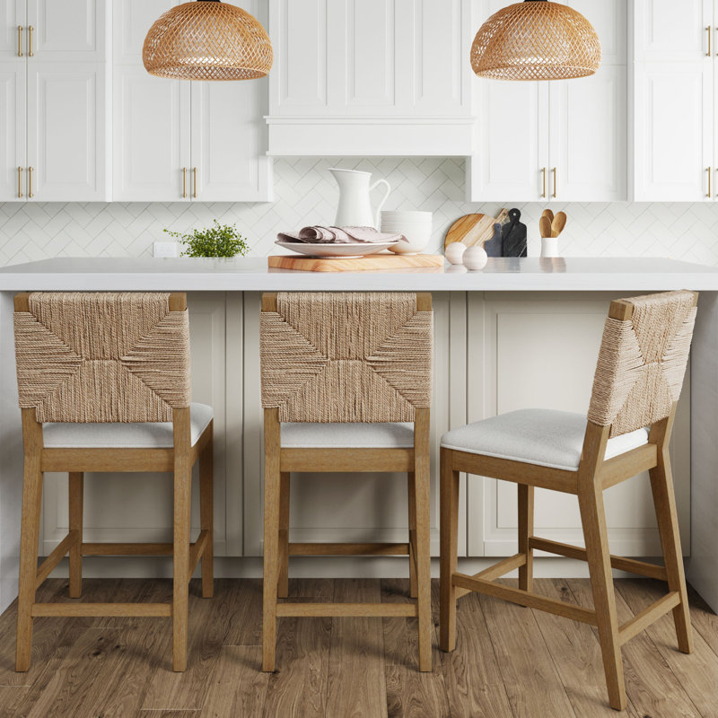 Beacon Bohemian Seagrass and Boucle Counter Height Bar Stools, Set of 4