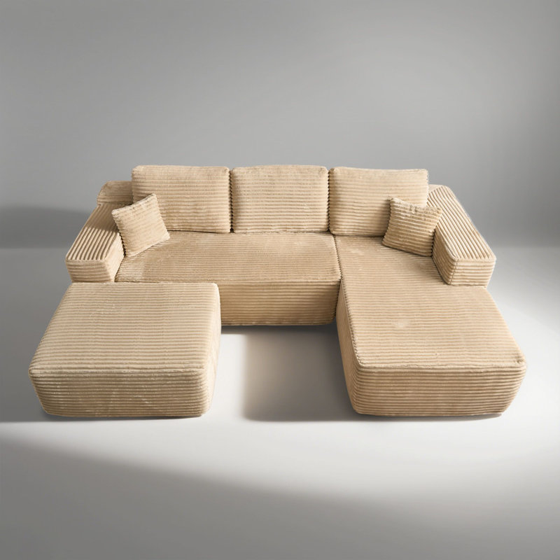 Canapé modulaire en forme de L de 106 po avec repose-pieds Seren Boneless, Fausse fourrure beige, Orienté à droite