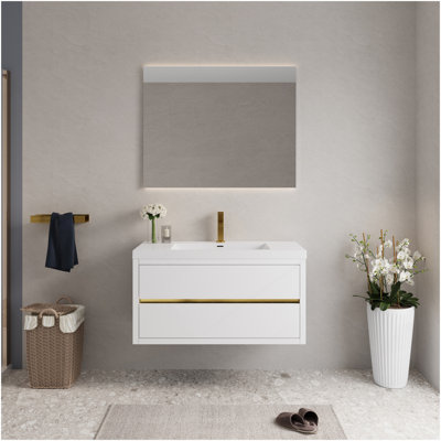 Meuble-lavabo mural 42 po avec lavabo, meuble de rangement flottant pour salle de bain avec comptoir en résine de pierre et tiroirs à fermeture en douceur, blanc brillant