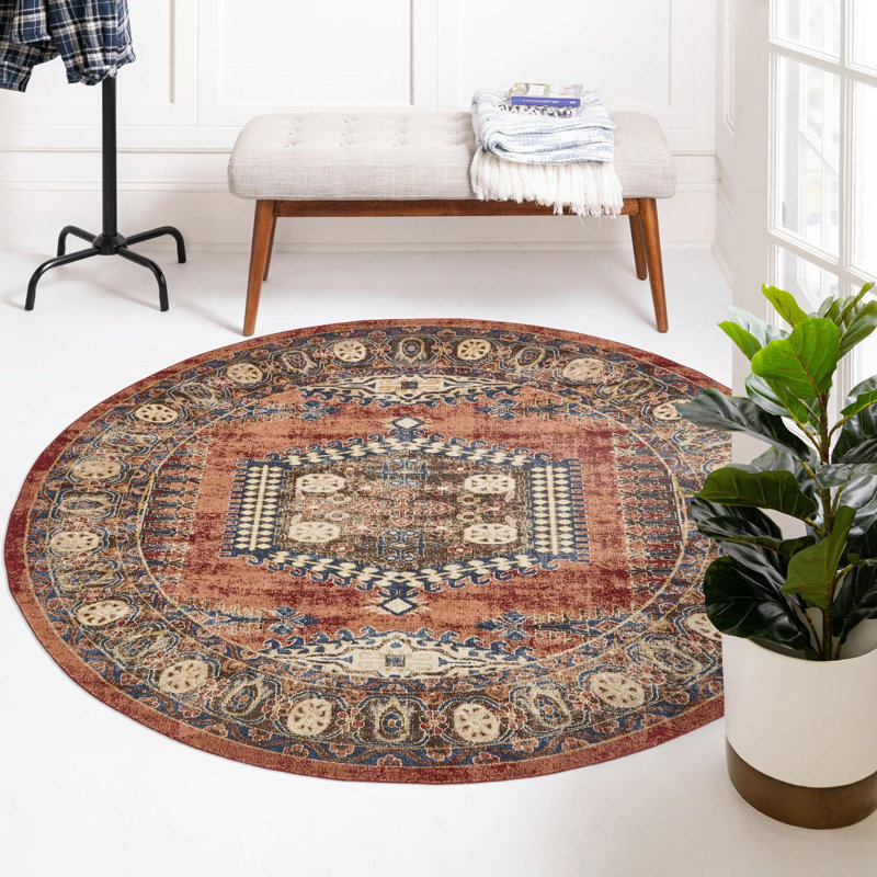 Vern Oriental Terracotta Area Rug, Terracotta, Round 3'3"