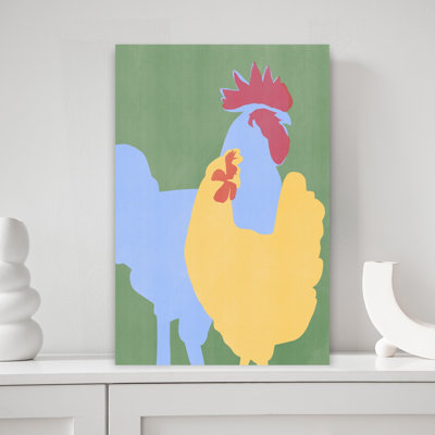 Blue Rooster Yellow Hen by Little Dean - Wrapped Canvas Print
