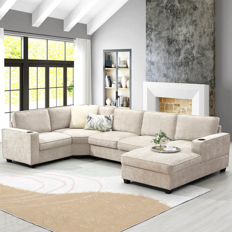 Canapé modulaire en forme de U de 119 po de 119 po, ensemble de canapé d'angle en chenille 6 places avec porte-gobelets, méridienne surdimensionnée, coin irrégulier, siège profond et large, canapé confortable pour salon et appartement, 2 couleurs
