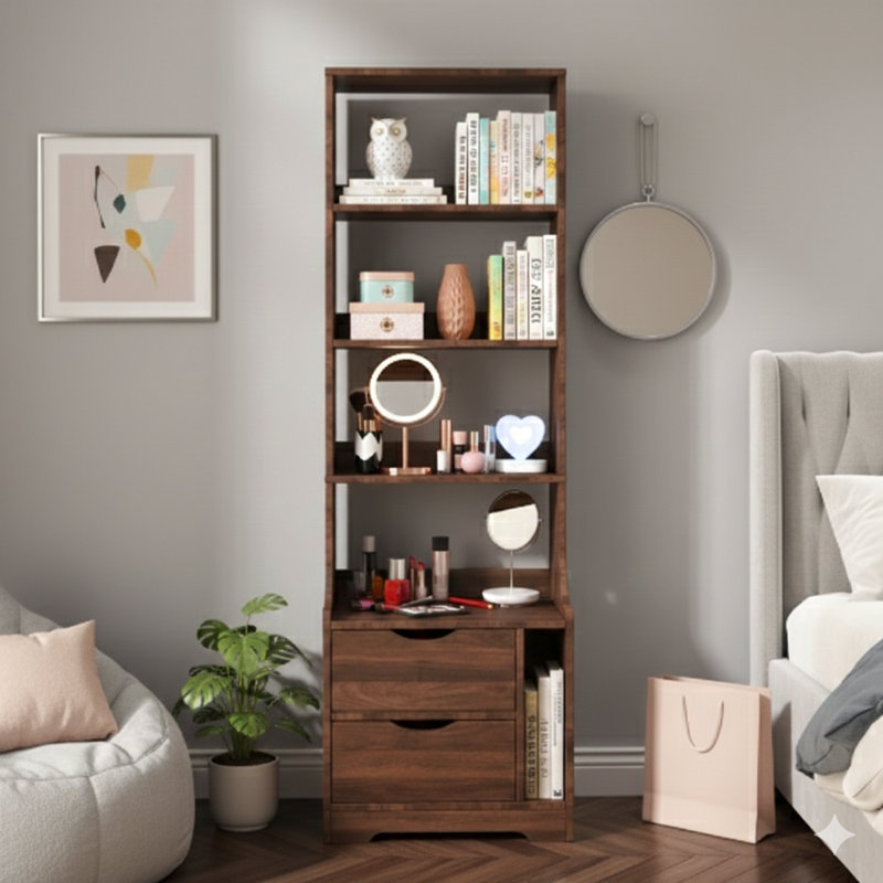 Table de chevet avec bibliothèque intégrée, table de chevet avec deux tiroirs de rangement pour la chambre à coucher