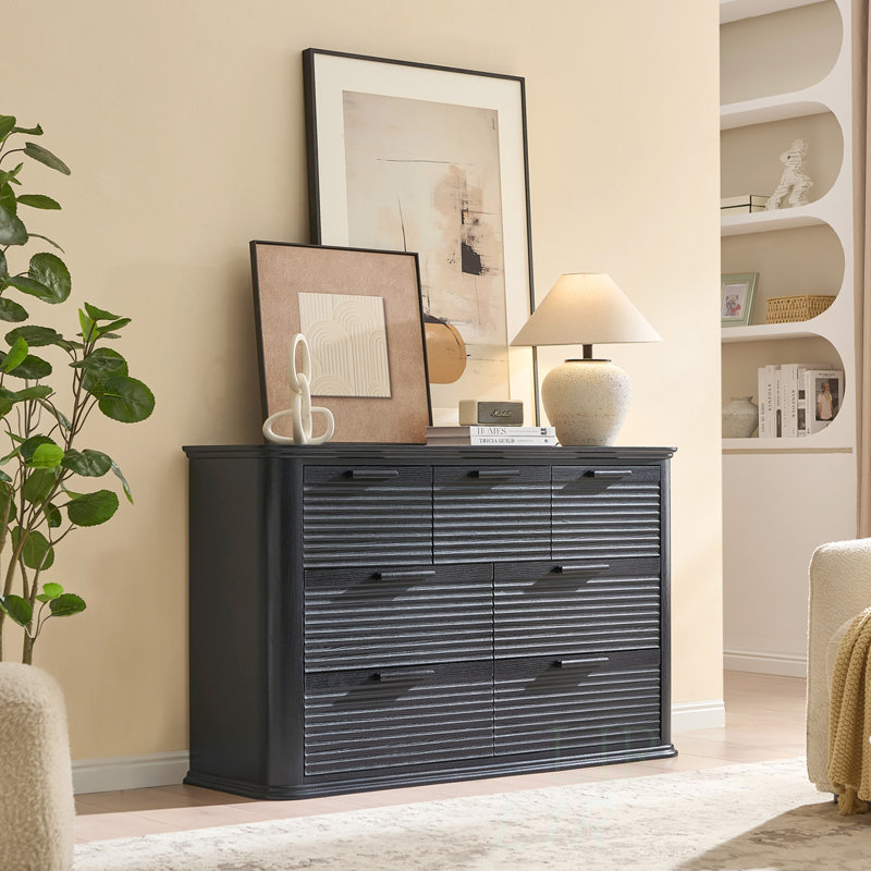 Fluted 7 Drawer Dresser, 52 Inch Wide Modern Wood Chest With Curved Design For Bedroom And Living Room Storage, TV Stand