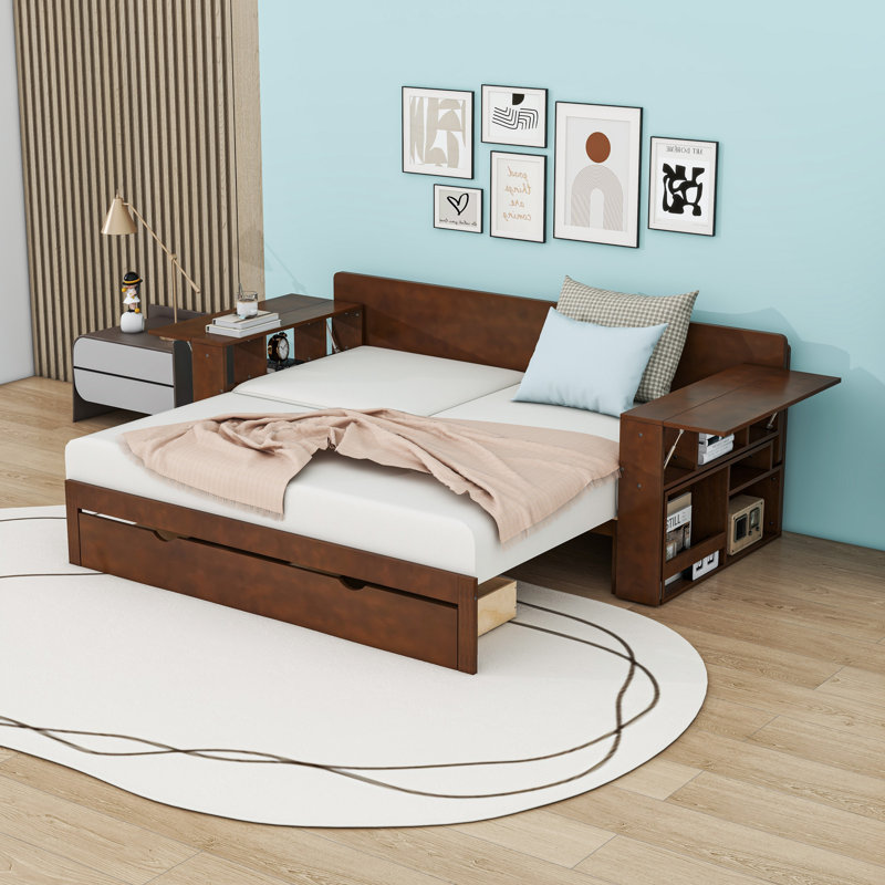 Multifunctional Wood Convertible Daybed with Built-in Desk, Storage Drawer, Espresso, Queen