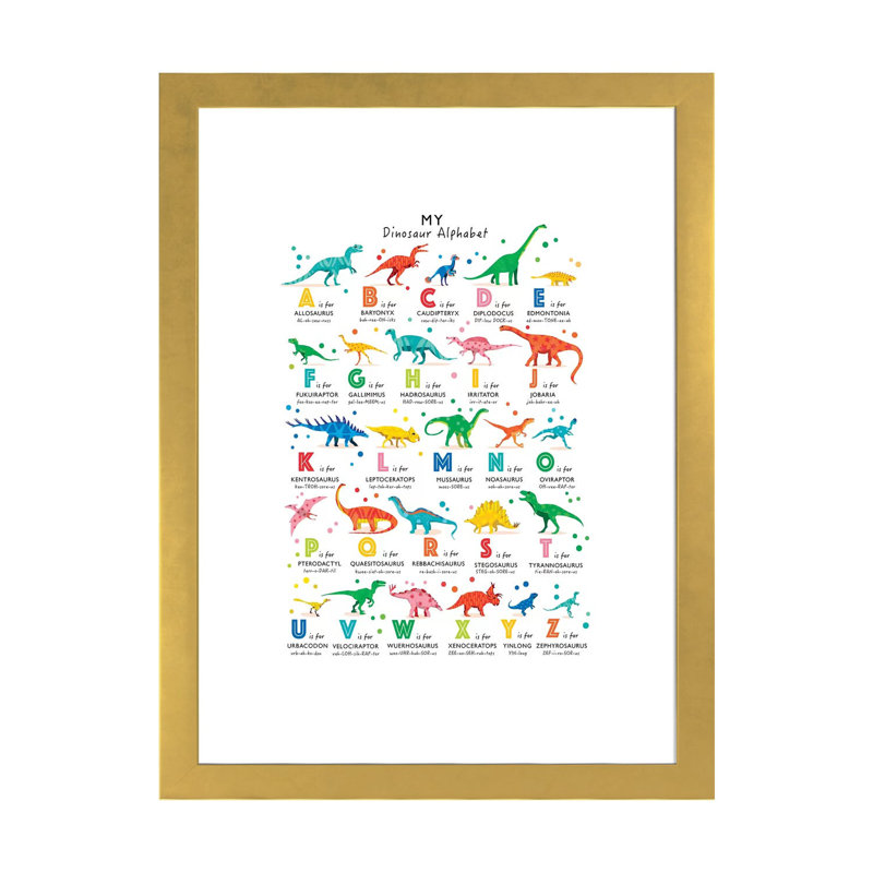 Dinosaur Alphabet - impression d'art graphique, Papier encadré doré, Blanc, H 32 po x l 24 po x P 1 po