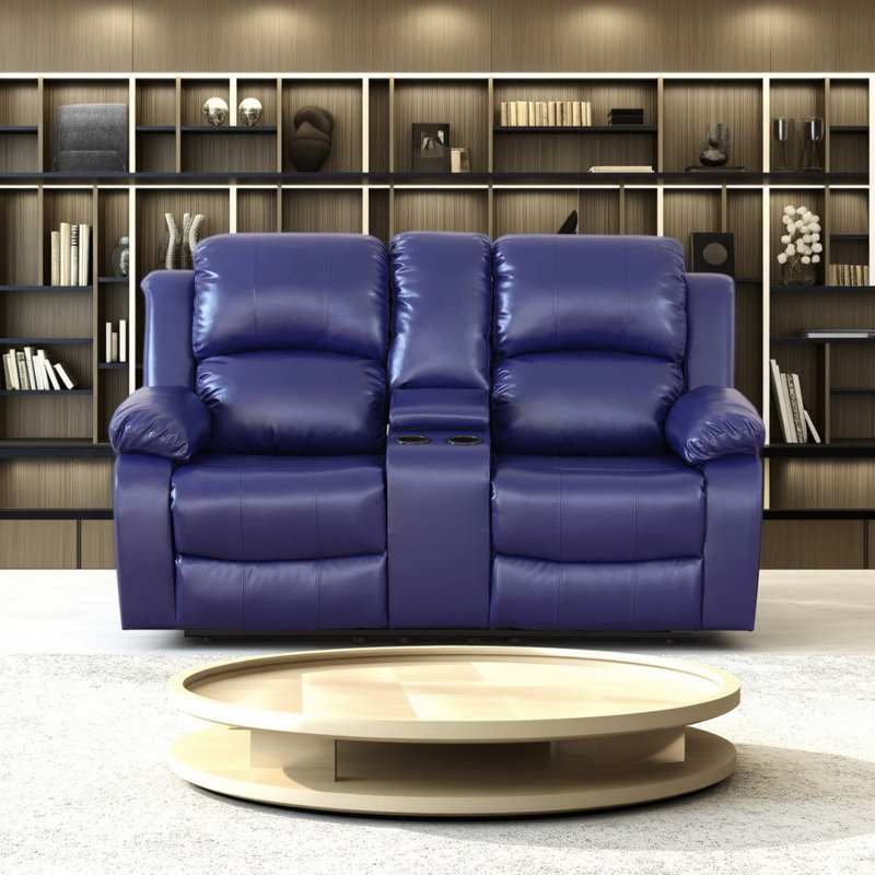 68" Wide Breathing Leather Manual Reclining Loveseat Sofa, 2-seater Recliner Couch With Storage & Cup Holder, Blue