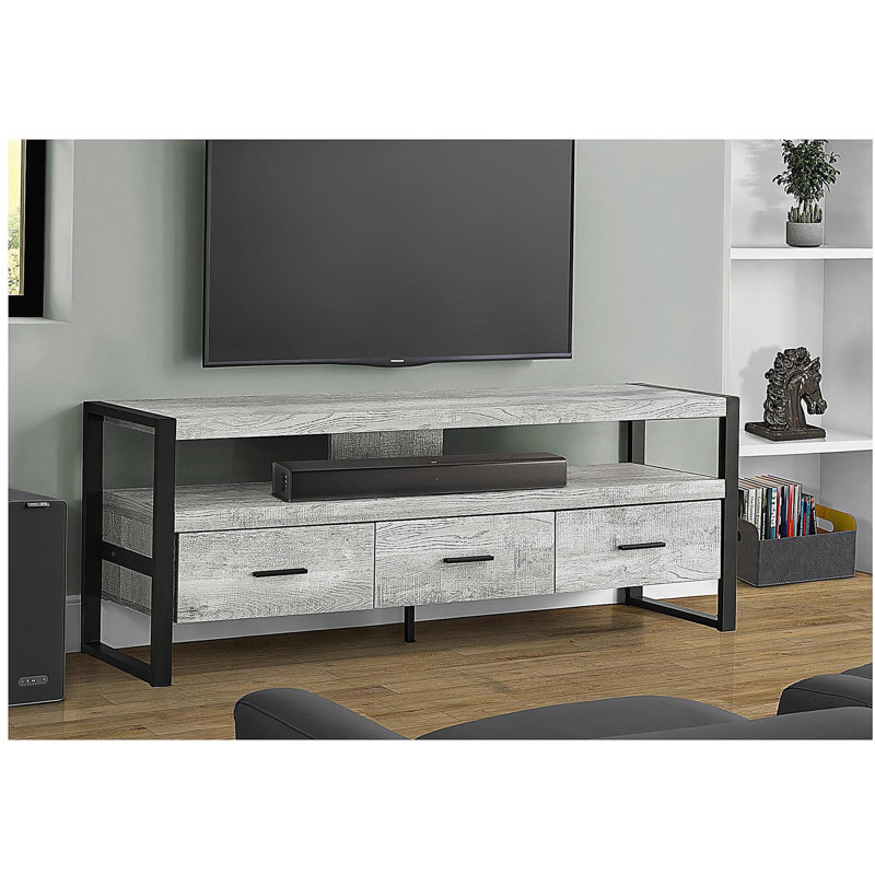 Meuble télé de 60 po, armoire latérale, centre multimédia, tiroirs de rangement, salon, chambre à coucher, mélamine grise, métal noir