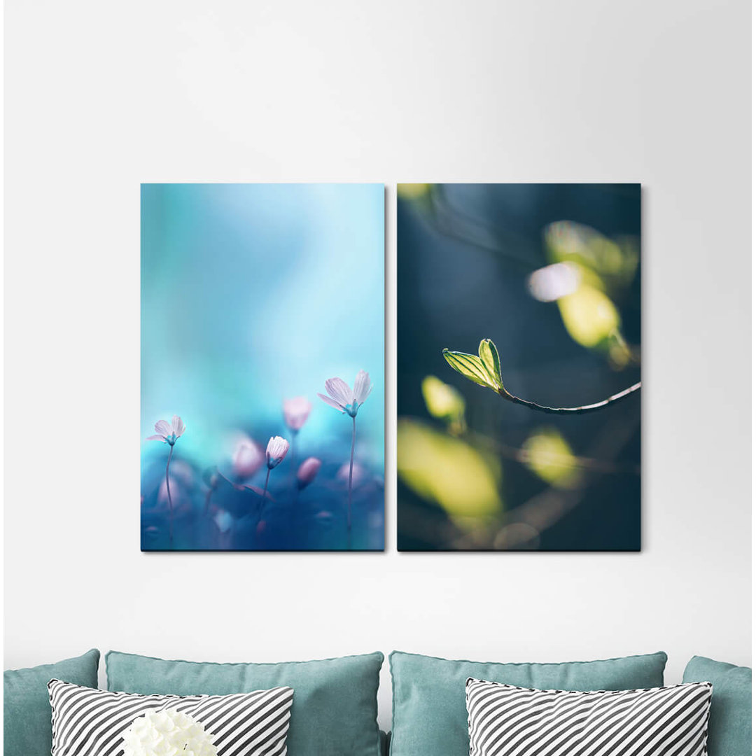 2-tlg. Leinwandbilder-Set - Grafikdruck „Fresh Flowers Blossoms Blue Green Soft Tender Spring”