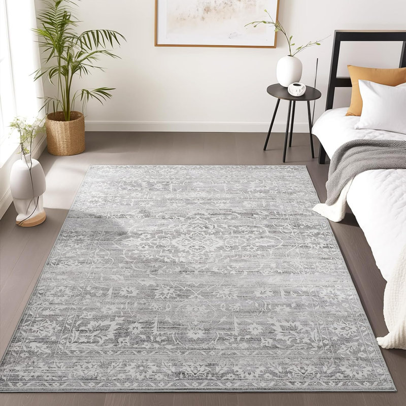 Machine Washable Medallion Floral Area Rug(Grey), Rectangle 3' x 5'