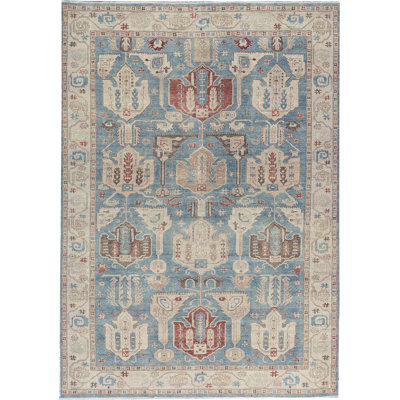 Tapis bleu et beige noué à la main de haute qualité