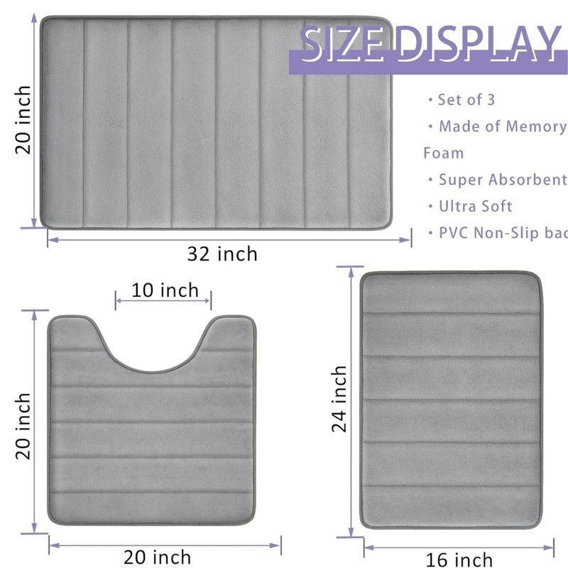 3-piece Memory Foam Bathroom Rug Set Ashy Grey