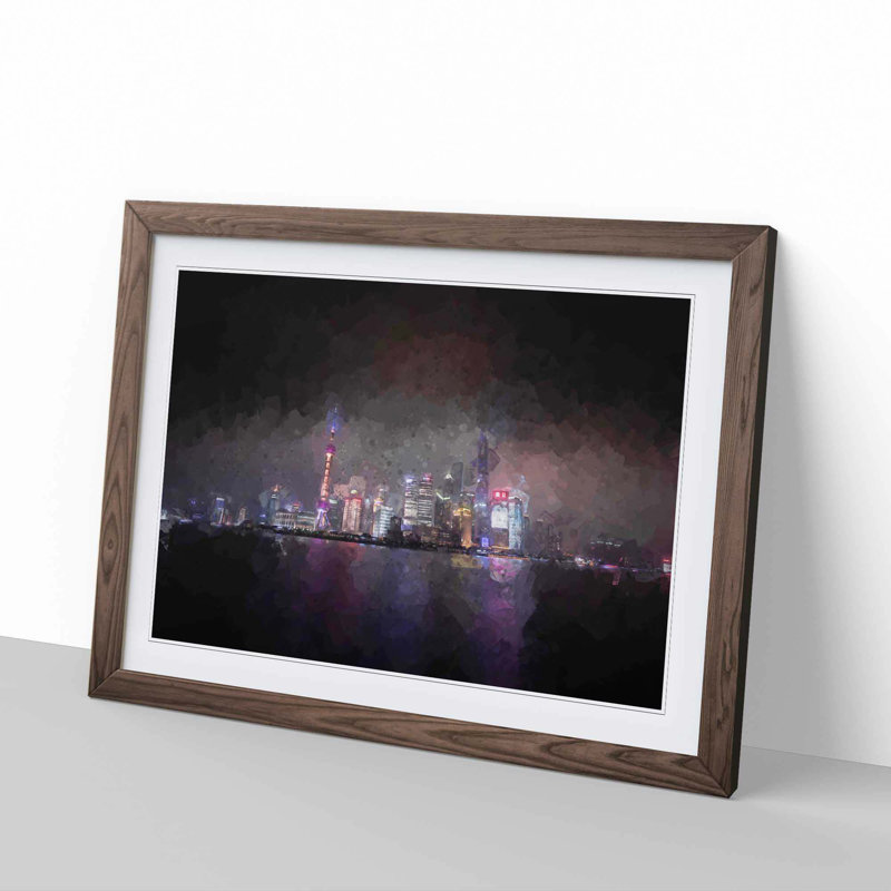 Shanghai China Skyline at Dusk in Abstract - Picture Frame Graphic Art Print, 50cm H x 76cm W x 2cm D, Walnut