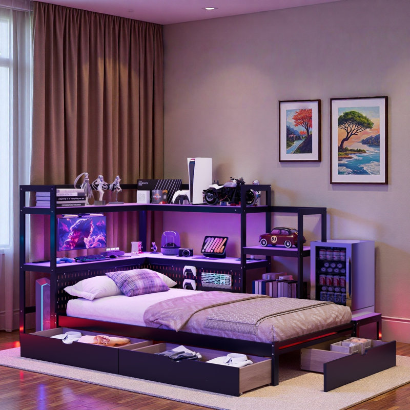 Lit de jour Modern Gaming avec bureau intégré, bibliothèque, 3 tiroirs de rangement, tête de lit en carton perforé, station de charge intégrée et éclairage à DEL