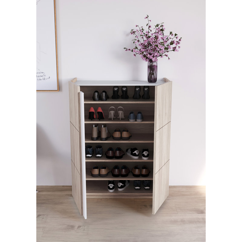 24 Pair Shoe Storage Cabinet, Light Oak/White
