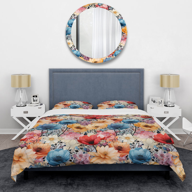 Ensemble de housse de couette multicolore à motif floral fantaisie aquarelle, Housse de couette pour très grand lit et 2 très