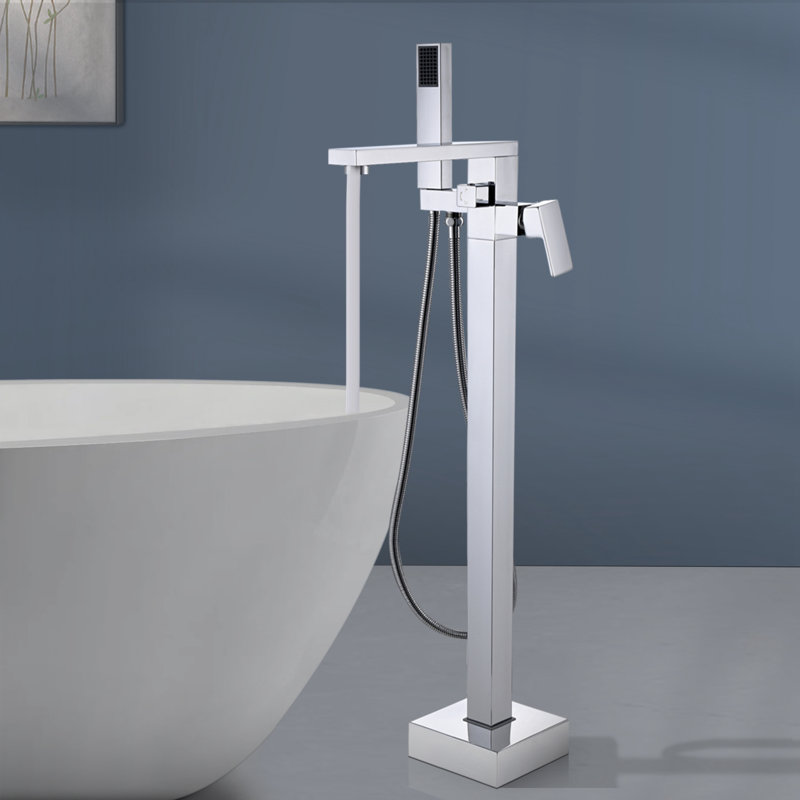 Topcraft Single Handle Floor Mounted Freestanding Tub Faucet with Handheld Shower, Chrome, Chrome