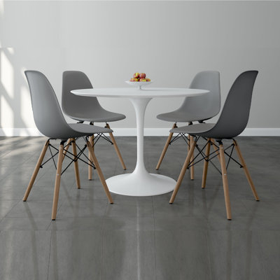 Modholic Tulip 42" Fiberglass Dining Table & Set Of 4 Wood Leg Chairs, Gray