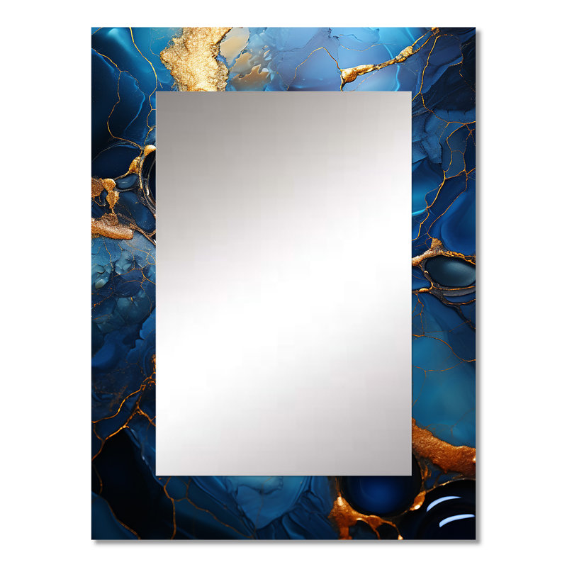 Or et saphir bleu marbre mosaïque II - miroir mural abstrait unique, 32 po x 24 po