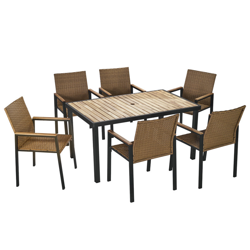 7-Piece Patio Dining Set with Solid Acacia Wood Table, Cushioned Wicker Chairs, and Steel Frame, Brown