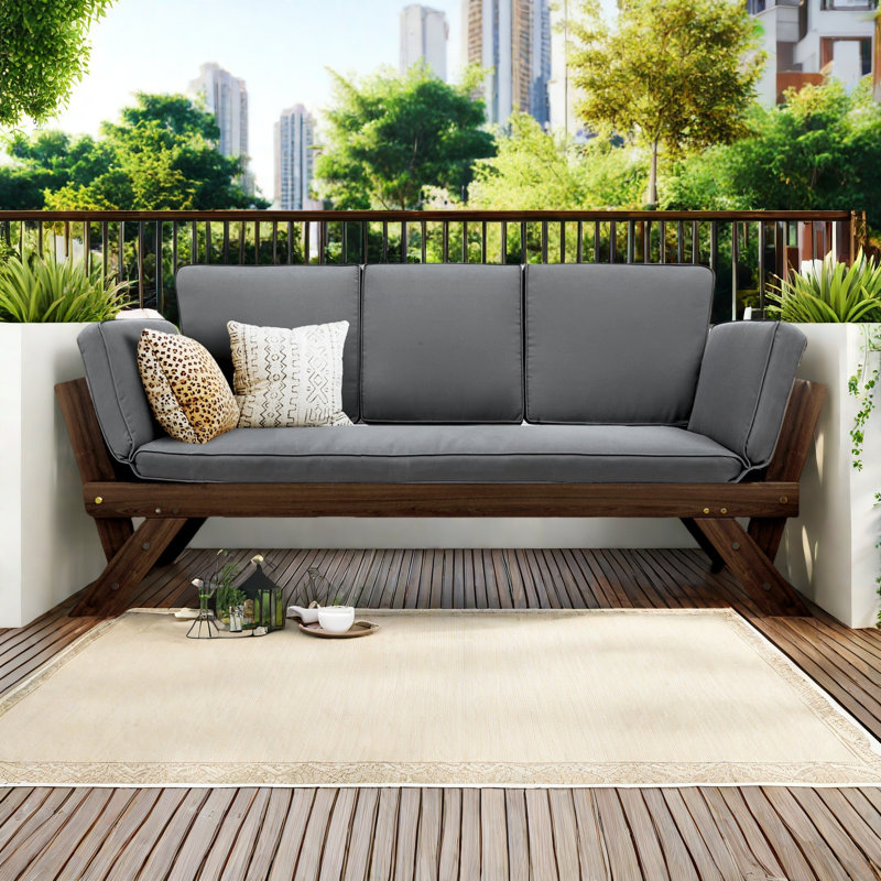 Outdoor Adjustable Patio Wooden Daybed Sofa Chaise Lounge With Cushions For Small Places, Gray