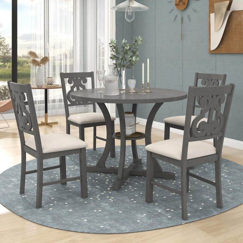 Ensemble 5 pièces de table de salle à manger et de chaises rondes - avec des pieds de forme spéciale et un dossier creux de conception exquise pour la salle à manger, gris