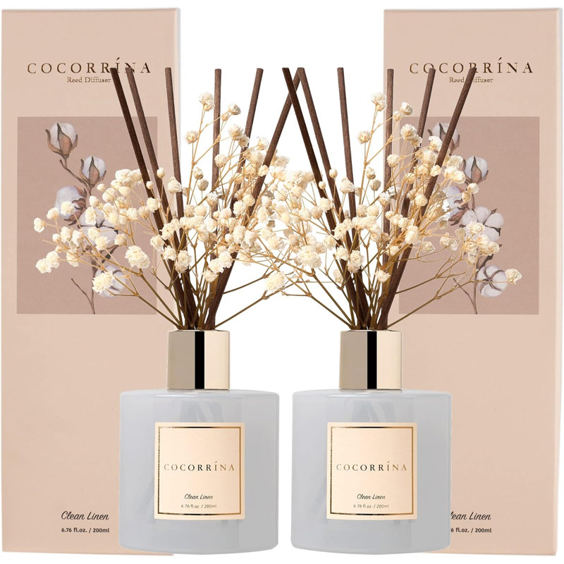 Ensemble de 2 diffuseurs à roseaux Cocorrína, parfum de lin pur, 6,7 onces chacun, parfum décoratif pour la maison avec bâtons de roseaux pour la salle de bain et l'espace de vie