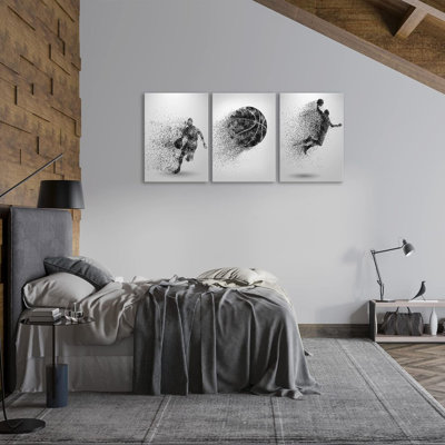 Basketball Canvas Wall Art - Black And White Sports Poster - Particle Silhouette - Set Of 3 Framed Ready To Hang