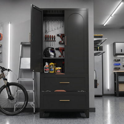 71" H Steel Garage Storage Cabinet with 2 Drawers and Hanging Rod, Matte Black
