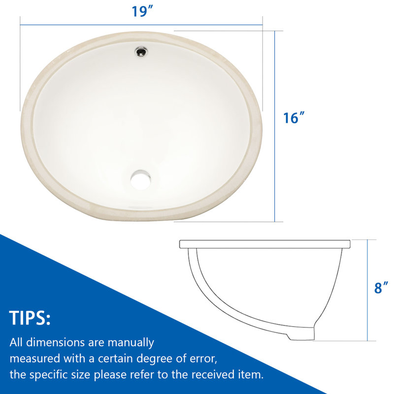 19"X16" Oval Ceramic Bathroom Sink Basin - Pure White Lavatory With Overflow, Low Absorption, Acid-, No Faucet Holes, Style Porcelain Undermount Water Acid Resistance, Exquisite Craftsmanship