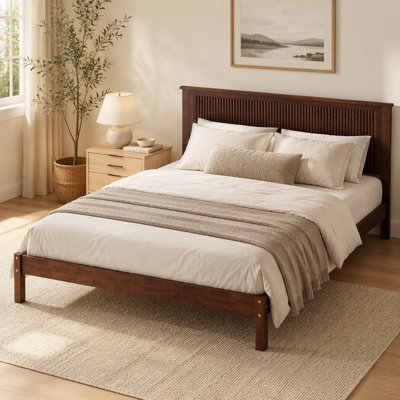 Queen Size Solid Rubber Wood Bed With Wave-Styled Headboard,Central Support Beams And Reinforced Platform Feet