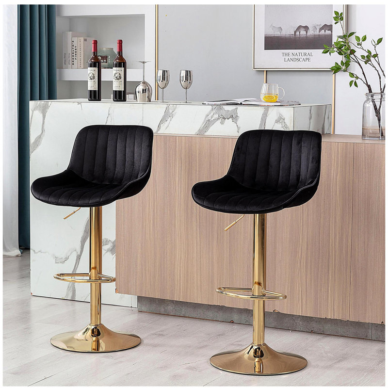 Repose-pieds chromé et base pivotante en velours à hauteur réglable et tabouret de bar simple doré, ensemble de 2, noir