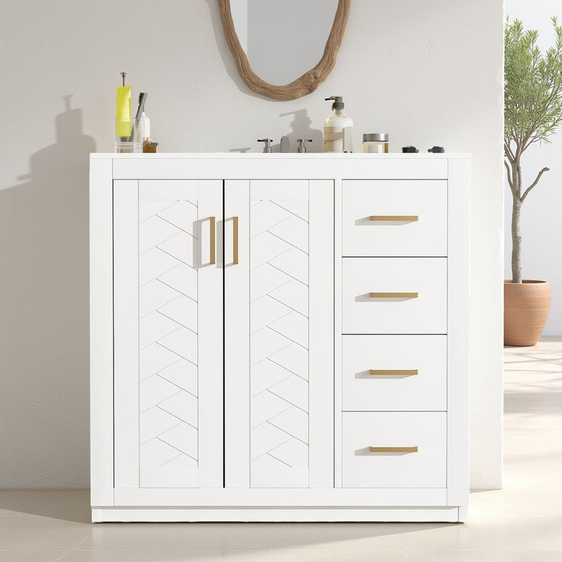 36" Free-Standing Bathroom Vanity Set With Ceramic Sink, Bathroom Srorage Cabinet With Soft Closing Doors & 3 Deep Drawers