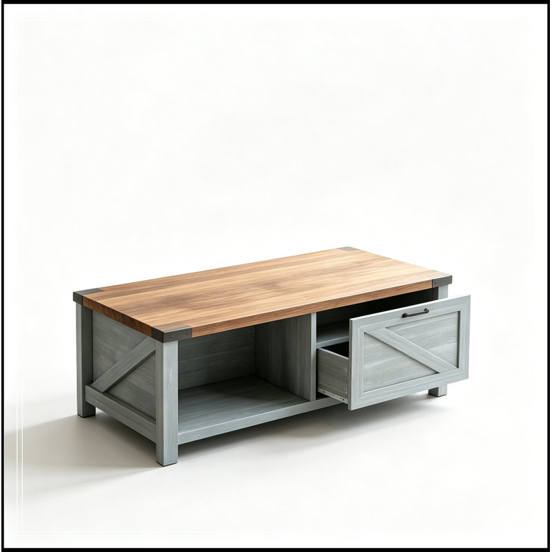 Table basse avec tiroir et tablettes ouvertes