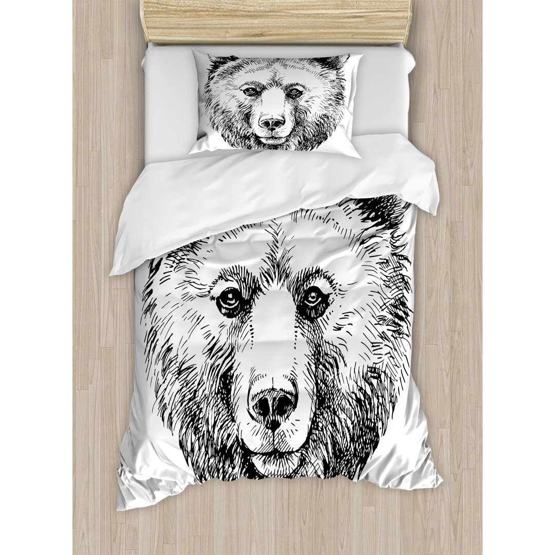 Animal Hand Sketch Grizzly Bear Wildlife Duvet Cover Set Ambesonne