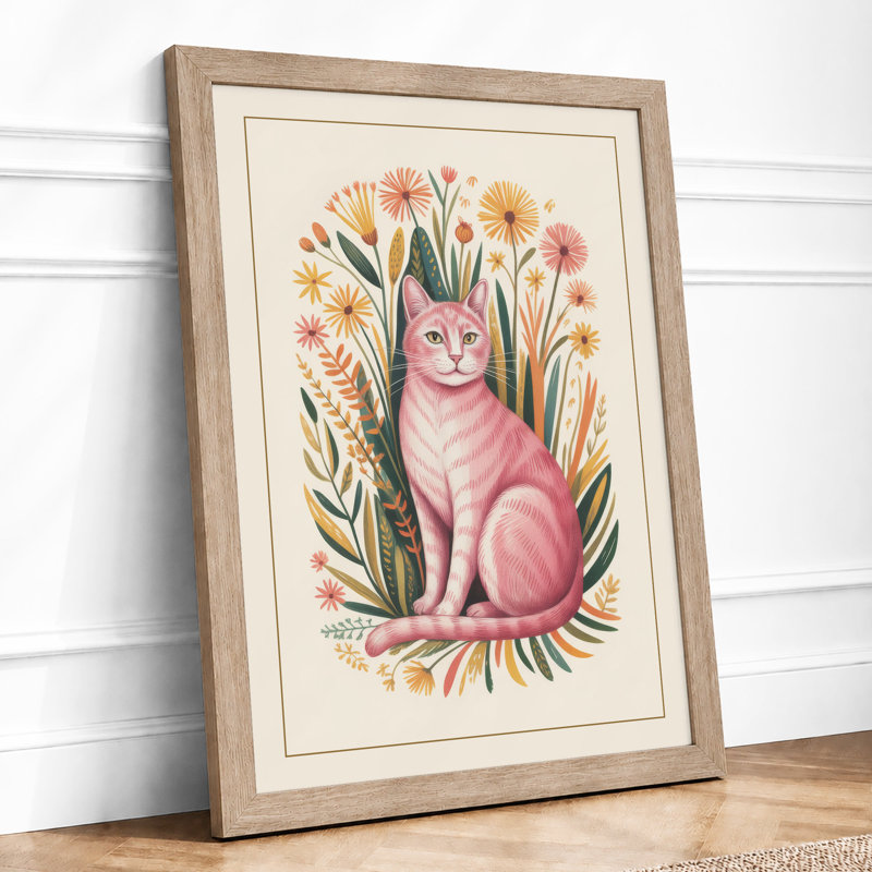 Cat in Bloom Botanical - Framed Print, A4 - 29.7 x 21.0 cm, Oak