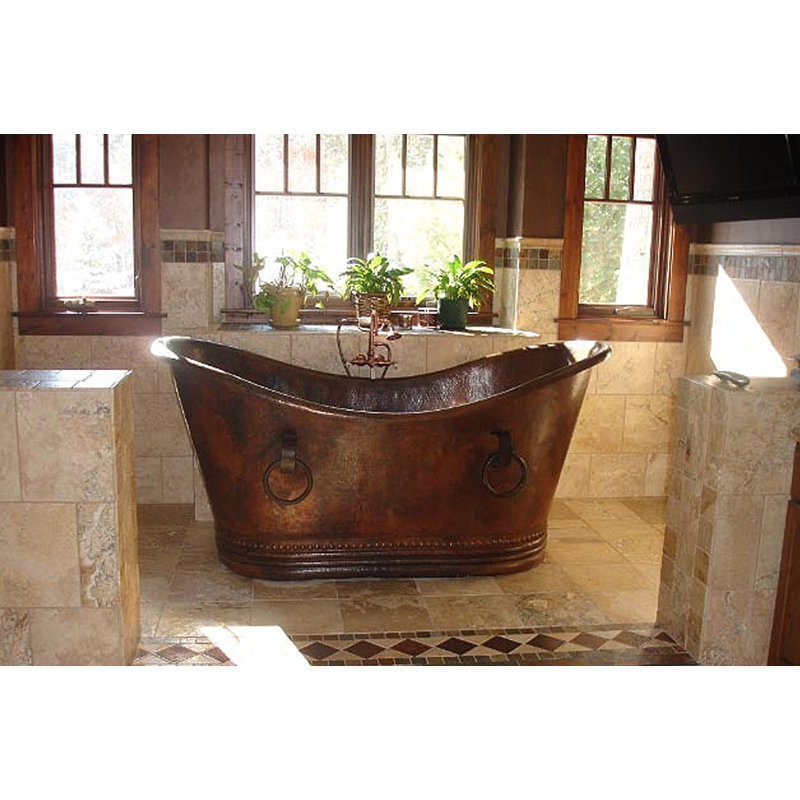 67" Hammered Copper Double Slipper Bathtub With Rings, Glazed White/Polished Copper