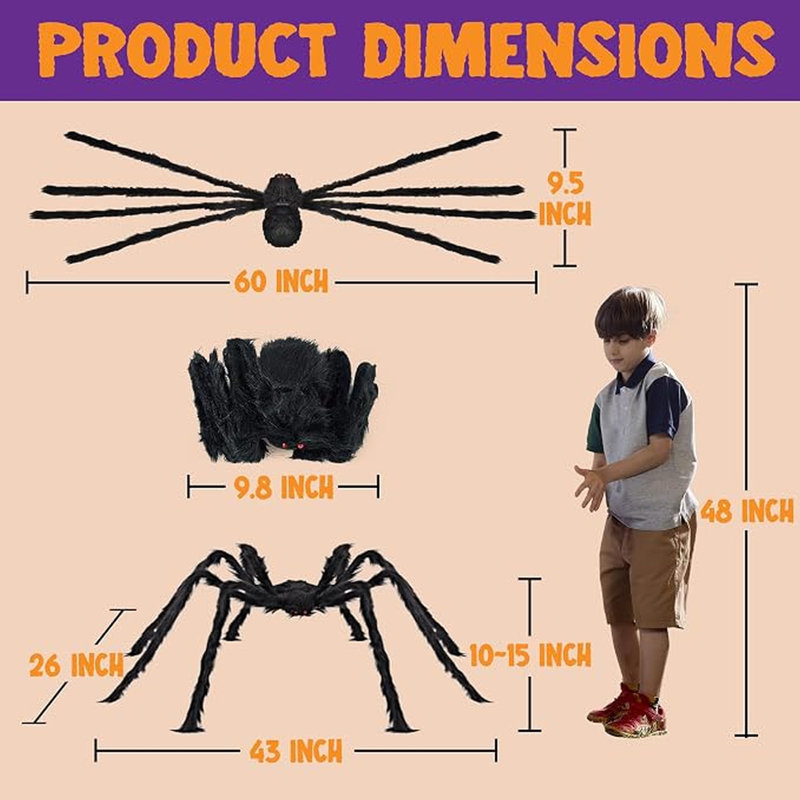 Ensemble de 5 pièces d'araignées poilues noires d'Halloween 5 pièces, grandes décorations de jardin extérieur avec pieds pliables