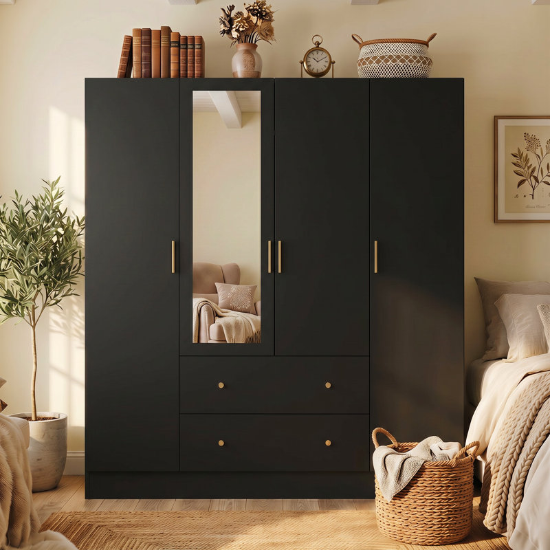 Armoire 4 portes 2 tiroirs avec panneau de miroir, Noir