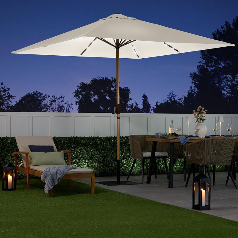 9ft Deep Square Solar Powered LED Lighted Patio Umbrella w/Woodgrain Pattern UV-Resistant Fabric Hand Crank Ivory