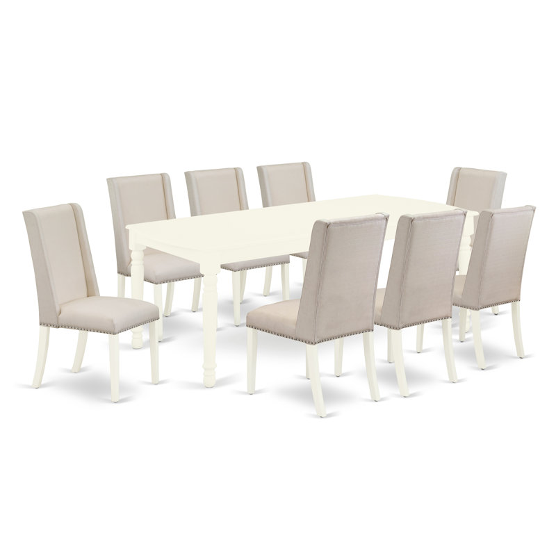 Ensemble de table de salle à manger 9 pièces comprenant une table rectangulaire en bois avec feuille papillon et 8 chaises rembourrées en tissu crème, lin blanc