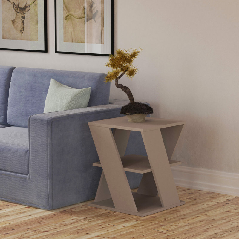 Cateline Geometric Floor Shelf End Table with Storage, Light Mocha
