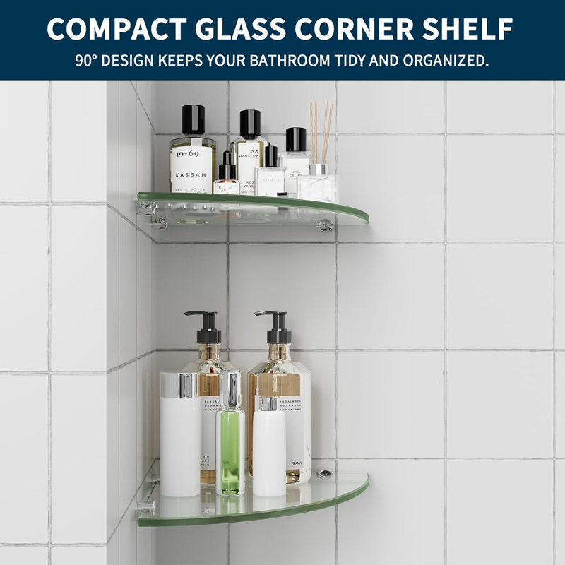 2-Pack Corner Shower Shelves, 5/16" Tempered Glass Wall-Mounted Organizer For Bathroom, Kitchen, And Living Room, Holds Up To 20Lbs
