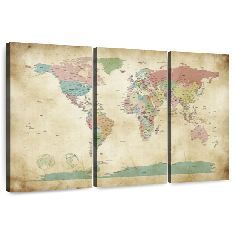 Carte politique du monde à l'ancienne Aliaz, H 36 po x l 57 po
