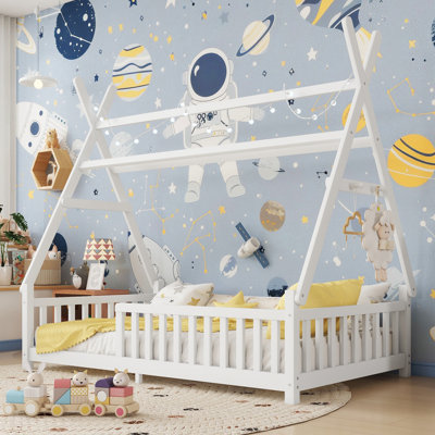Twin House Bed With Light, Low Floor House Bed With Fence And Roof For Kids Boys Girls