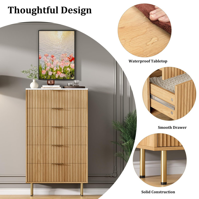5 Drawer Dresser With Wide Drawers, For Living Room, Closet, Hallway,Entryway, Burlywood
